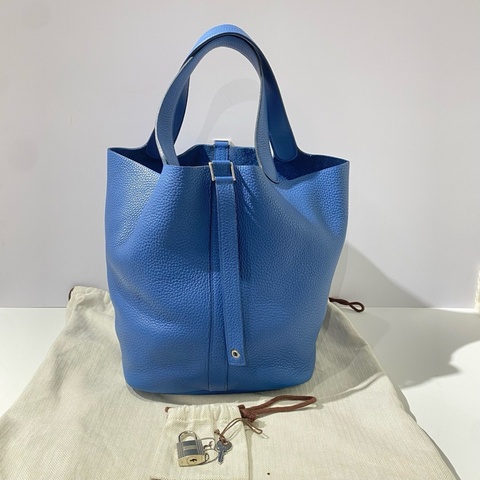 Hermes 愛馬仕 菜籃子26瑪瑙藍銀扣 x刻，有鎖鑰匙