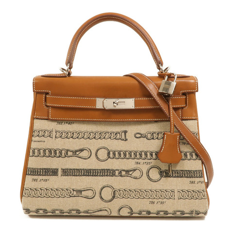 HERMES Toile帆布/Barenia皮革Kelly 28手挽肩背兩用袋Fauve