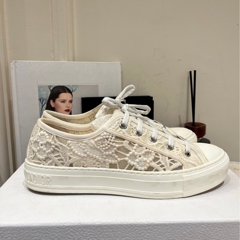 DIOR迪奧 Walk'n'Dior 厚底系帶 低幫 白色蕾絲時尚板鞋 女款 白色 尺碼：39