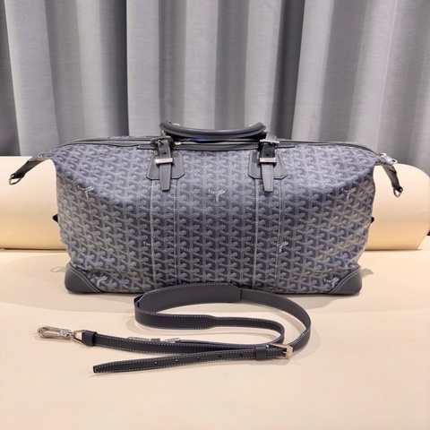 GOYARD戈雅 Bowling 45灰色Y字老花滿印拉鍊開合 帆布拼皮大保齡球手提旅行袋 尺寸：45*21*32。