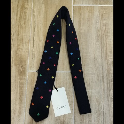 Gucci rainbow bee 黑色羊毛刺繡彩虹小蜜蜂 領帶 可當腰帶 全新