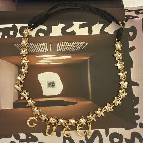 Gucci 金鑽星星字母logo黑織帶項鍊✨✨