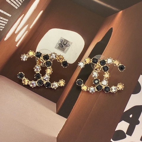 Chanel 黑/橘/銀鑽雙C耳環 🎀🎀
