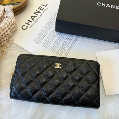 CHANEL 牛皮金釦拉鏈長夾 黑色