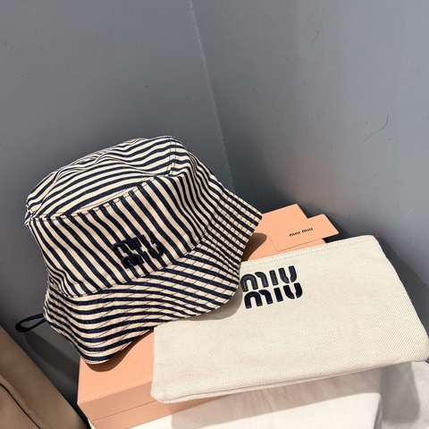 Miu Miu 直條紋漁夫帽+收納袋 2件組