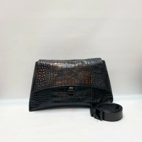 BALENCIAGA巴黎世家DOWNTOWN鳄鱼压纹牛皮全黑soblack大号斜挎包40*14*22