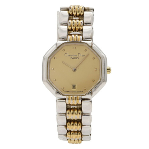 Christian Dior 八角形金色錶盤女士不銹鋼鍍層石英腕錶，48 203 號