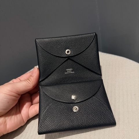 Hermes 愛馬仕 Calvi Duo 零錢包 卡夾 黑 銀釦