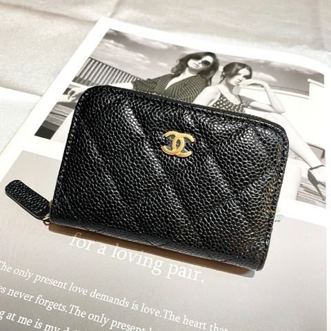 CHANEL  香奈兒 【 全新商品 】AP0216 黑色 荔枝皮 金雙Ｃ 菱格紋 ㄇ拉卡包 拉鍊零錢包 卡片夾 卡包