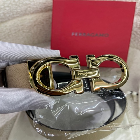 Salvatore Ferragamo菲拉格慕 Gancini系列玫粉拼黑雙色金扣腰帶皮帶