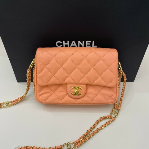 Chanel香奈兒23c雙鏈條斜挎包 橘色金扣 晶片款