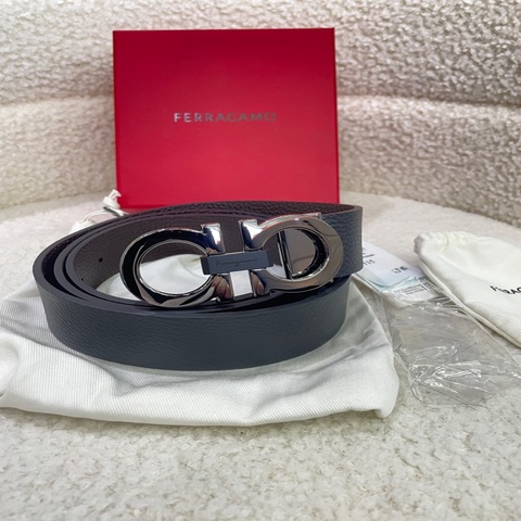 Salvatore Ferragamo Gancini系列 菲拉格慕 荔枝紋 黑拼深啡雙色黑亮扣腰帶皮帶