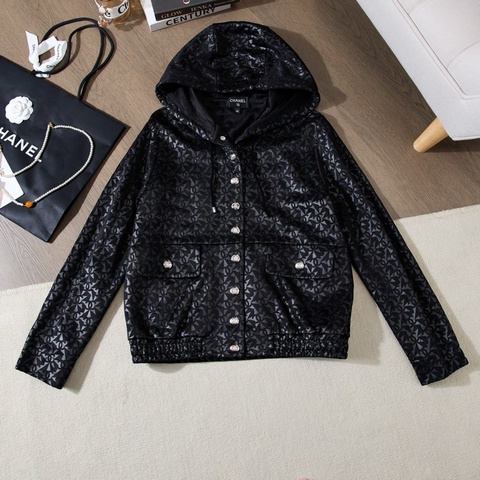 CHANEL 23N Coco Neige滑雪系列黑色暗紋圖案連帽外套 Size38
