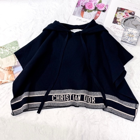Christian Dior 藏青連帽山羊絨斗篷披肩 Size M