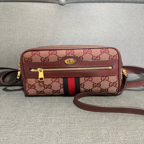 GUCCI MINI BAG Ophidia緹花拉鍊#肩背#斜背包（酒紅色）
