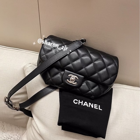 Chanel • 經典黑銀羊皮Cf腰包 帶膜✨
