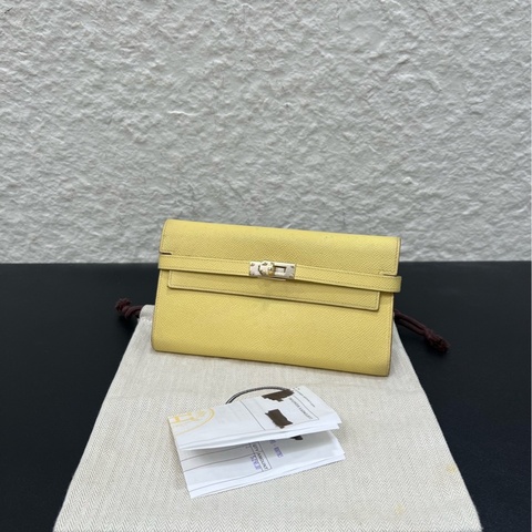 Hermes • Kelly Long 小雞黃Epsom皮銀釦長夾 🈶購證