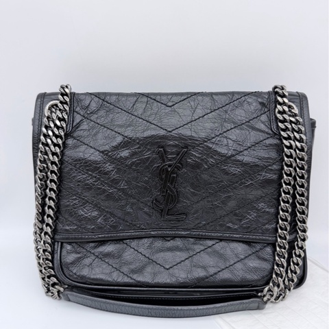 YSL 聖羅蘭 Niki 黑色中號 17編碼銀鏈黑標Logo復古褶皺  中號
