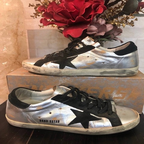 ㊣ GOLDEN GOOSE ㊣ Super-Star 髒髒鞋👟39號｜銀黑+星星｜附原廠鞋盒