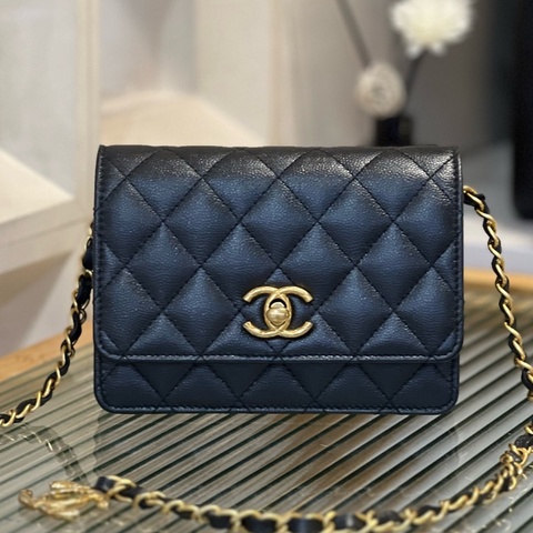 Chanel 香奈兒23B黑金珠光荔枝紋牛皮吊墜woc金色金屬 黑色