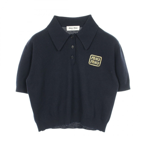 Miu Miu 刺繡logo針織羊毛polo衫，海軍藍，二手女款