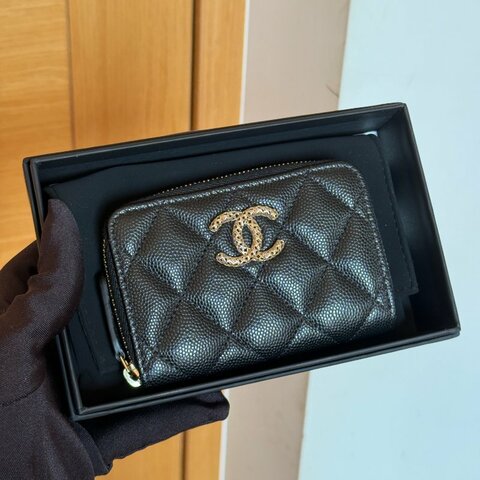Chanel 全新 23P ㄇ型零錢包 拉鍊卡包 黑/荔枝金 AP3186