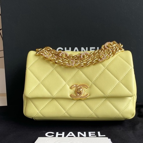 99新 CHANEL香奈兒24p水鑽手柄大mini cf，小雞黃配粉鑽