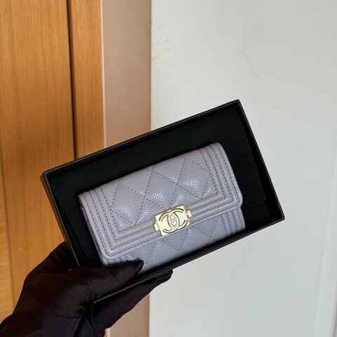 Chanel 全新 Boy 經典 單層卡包 灰金 A80603