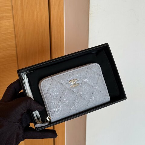Chanel 全新 經典CC 新版 零錢卡包 拉鍊零錢包 灰金 AP3494