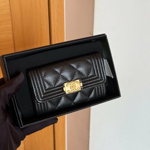Chanel 全新 Boy 經典 單層卡包 口蓋卡包 黑金 A80603