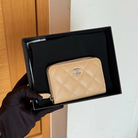 Chanel 全新 經典CC 零錢卡包 拉鍊零錢包 奶茶色 米色 銀釦 AP0216