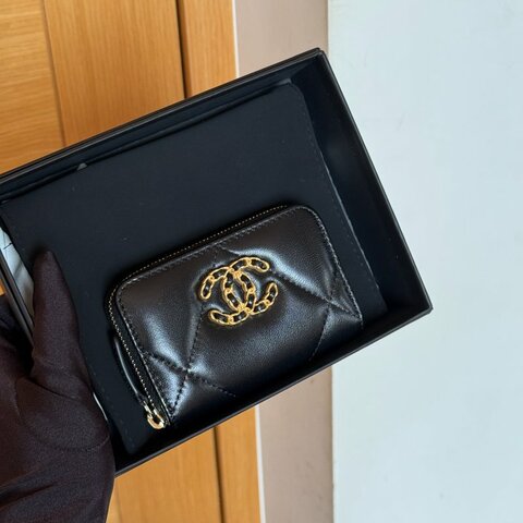 Chanel 全新 經典 19系列 新版 零錢卡包 拉鍊零錢包 黑金羊皮 AP3362