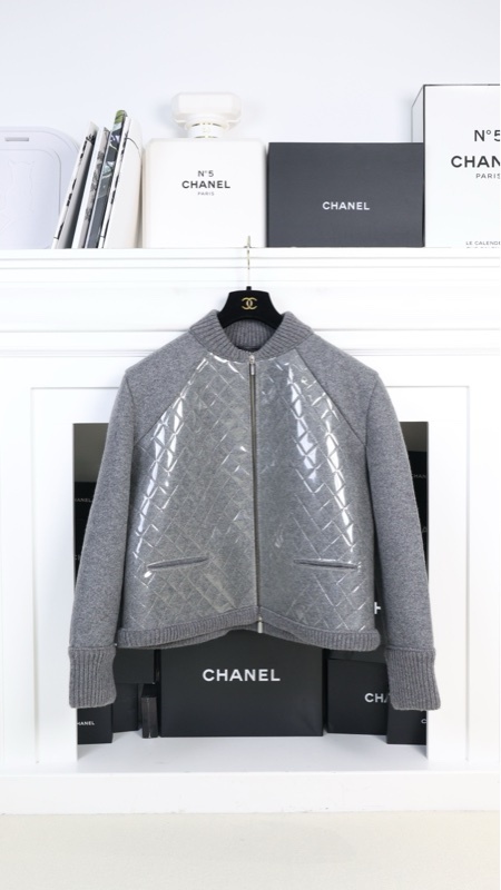Chanel 16年秋冬外套系列灰色羊毛菱格纹拼接PVC拉链夹克棒球服