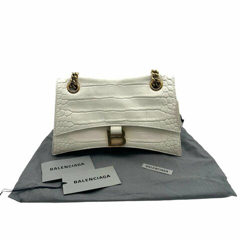 【美收精品】BALENCIAGA Crush 白色鱷魚紋皮革鏈帶包 C-828【隔月月中將轉賣至日本 上架期限30天】