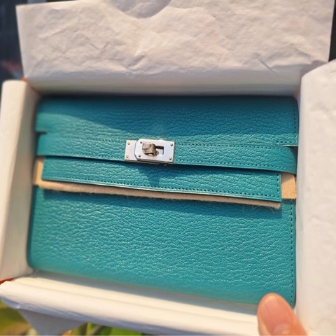 「JL精品代購」98新 Hermes 愛馬仕絲絨綠Kelly long wallet長款錢包山羊皮銀扣