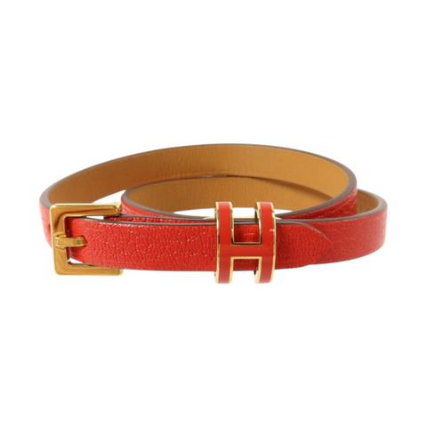 HERMES Chevre皮革Pop H Double Tour Bracelet金扣手鏈Rouge Casaque