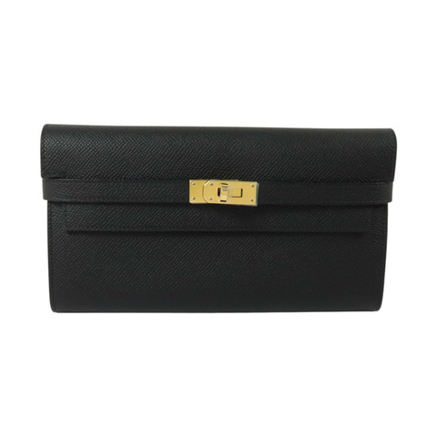HERMES Epsom皮革Kelly Wallet金扣長錢包Noir