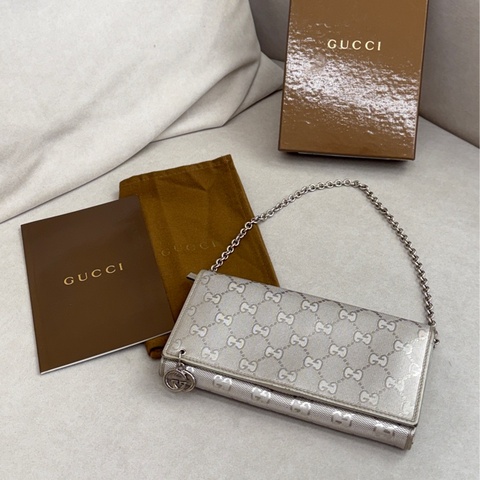 Gucci銀色皮夾 可手提