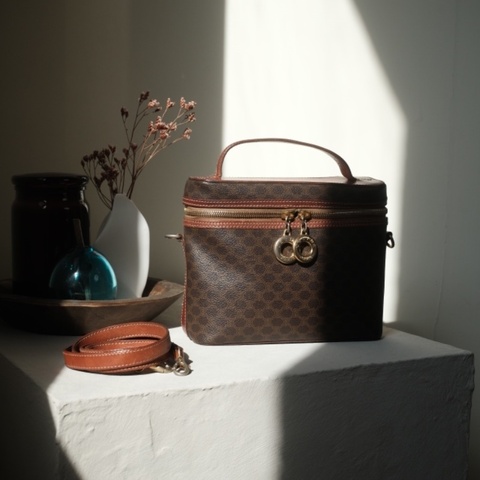 CELINE Vintage Macadam 老花甜甜圈金環拉鍊 2WAY 兩用手提斜背化妝箱包