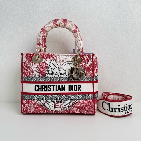迪奧/Dior  Lady D-Lite D-Royaume d’Amour 圖案刺繡 織物 手袋單肩包斜挎包手提包 中號 紅色