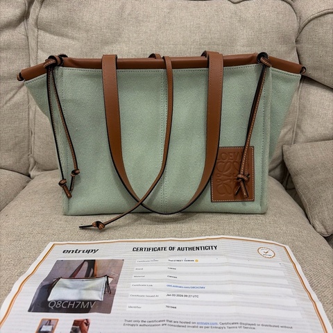 羅意威/LOEWE Cushion Tote綠色帆布拼牛皮 磁吸扣