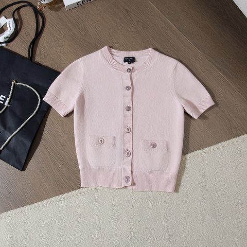 CHANEL 22P春夏系列淺粉短袖羊絨開衫 Size34