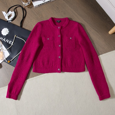 CHANEL 24P早春系列玫紅長袖羊絨混紡外套 Size36