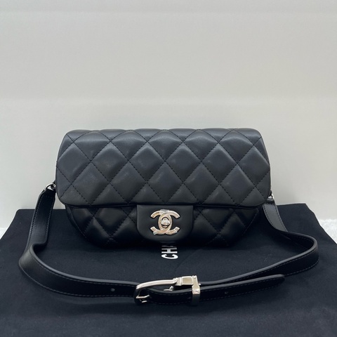 Chanel CF腰包香奈兒 黑銀菱格紋元寶包單肩斜掛包 29開