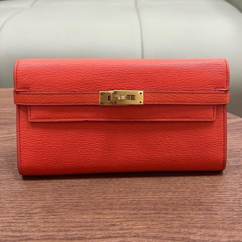 愛馬仕Hermes kelly long｜kelly錢包 橙色金扣 山羊皮 A刻