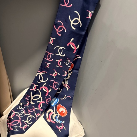 Chanel 滿版logo 長絲巾 髮帶 深藍
