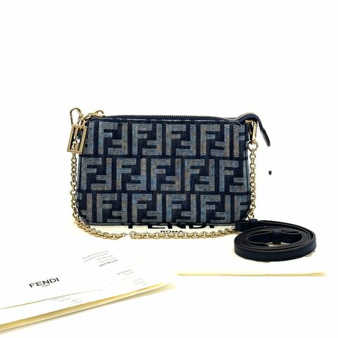 FENDI 經典老花深藍色金扣 肩背斜背麻將包 19*12*3 99新配件塵袋 購證