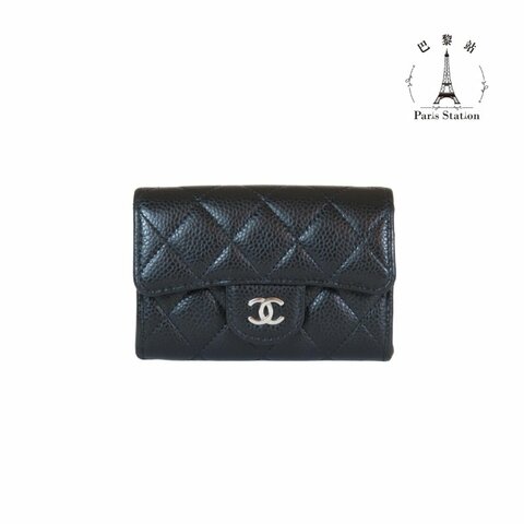 【巴黎站二手名牌專賣店】＊現貨＊CHANEL香奈兒真品＊經典雙C 黑色菱格荔枝銀雙C釦式零錢包