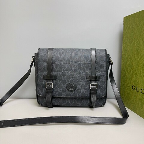 Gucci 男士黑老花雙G郵差包