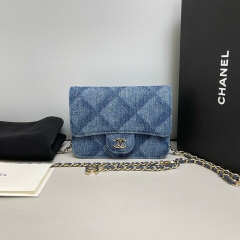 Chanel 丹寧牛仔菱格迷你woc鏈條包晶片款
